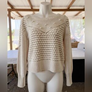 Lucky Brand Beige Pointelle Knit Sweater Textured Boho Pullover M
